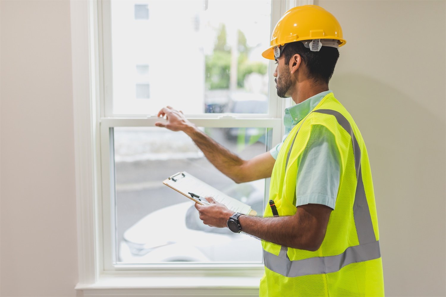 man wearing hardhat inspecting window