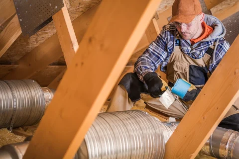 Construction-Worker-Wrapping-HVAC-Air-Duct-With-Silver-And-Blue-Foil-Tape-In-Attic-Of-Residential-Building