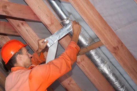 installer-wraps-the-air-duct-with-mineral-wool-and-foil-1 Ductwork Replacement Service In Elk Grove, CA